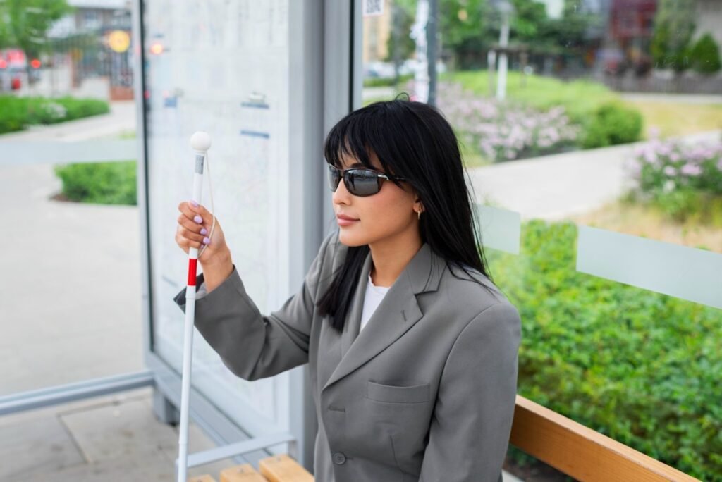 Woman with dark glasses and a white cane opening a door